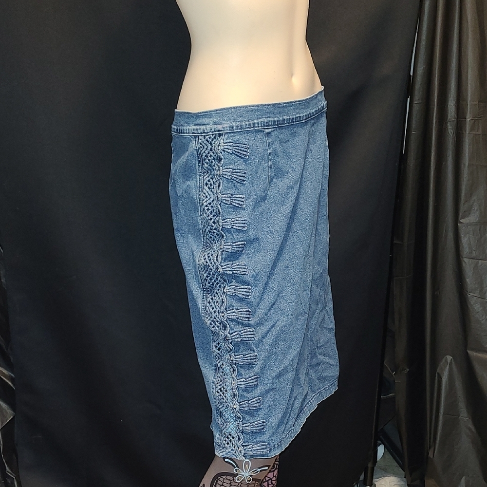 Lafei nier VINTAGE  high rise side panel skinny jeans Denim Skirt with Lace Trim